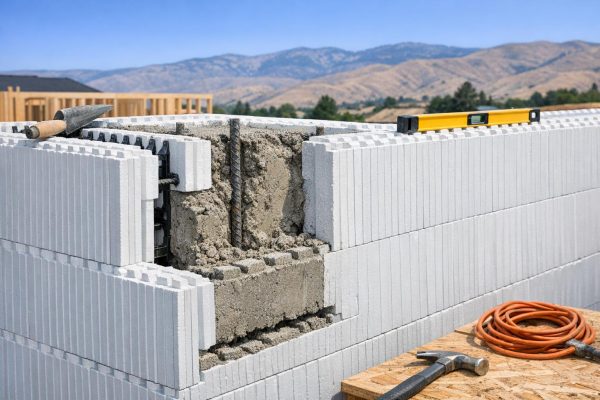 Insulated concrete form wall under construction at a Boise home site, showing foam block forms and concrete core for energy-efficient building.